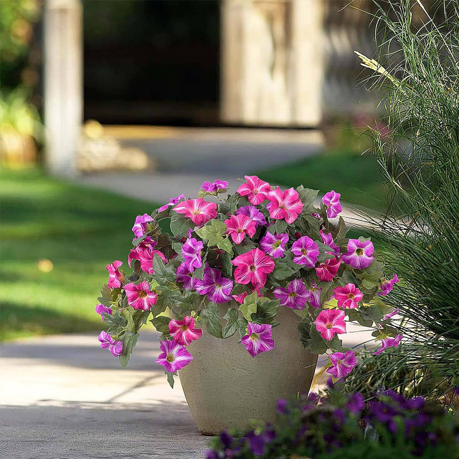 sdhkgrrt Artificial Petunias Flowers, Purple Pink Fake Flower Plants for Outdoor Patio Decor, Waterproof UV Resistant Hanging Flower Vines, Artificial Greenery for Home Garden Wedding Wall Decoration