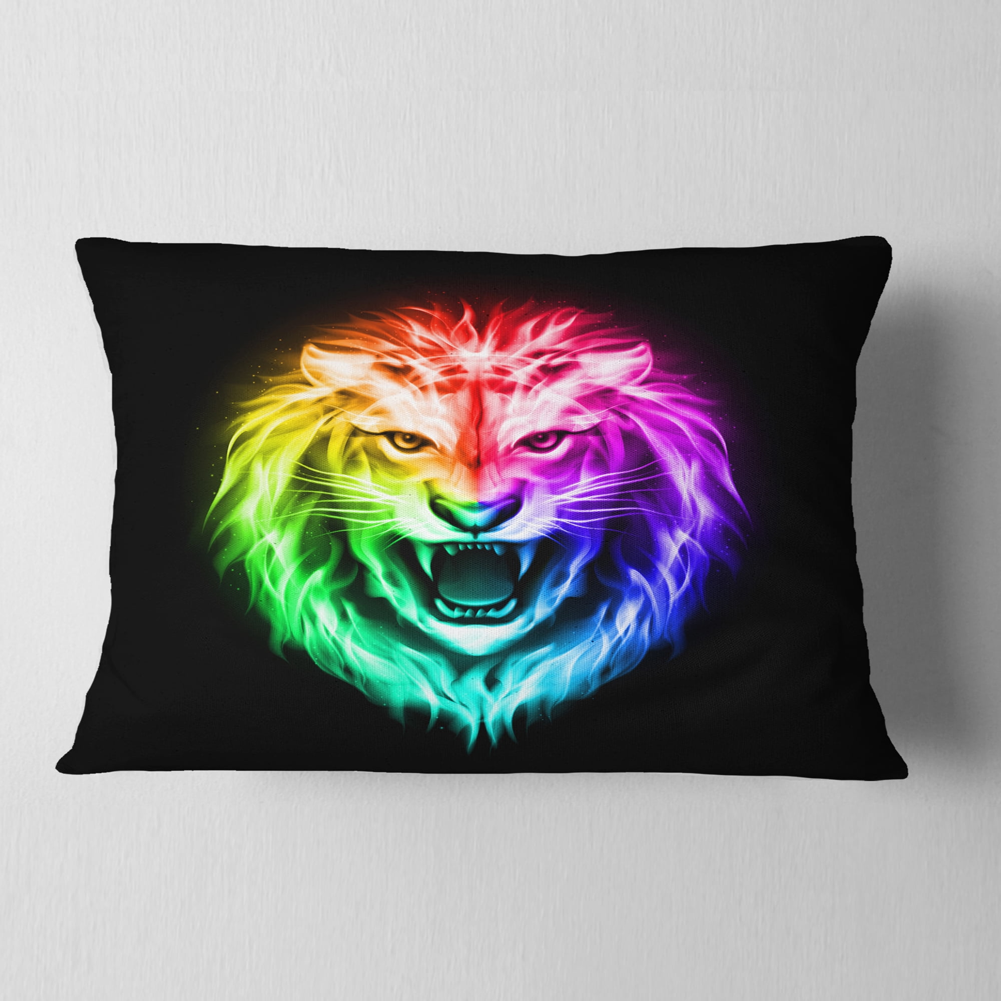 Designart Colorful Fire Lion - Animal Throw Pillow - 12x20