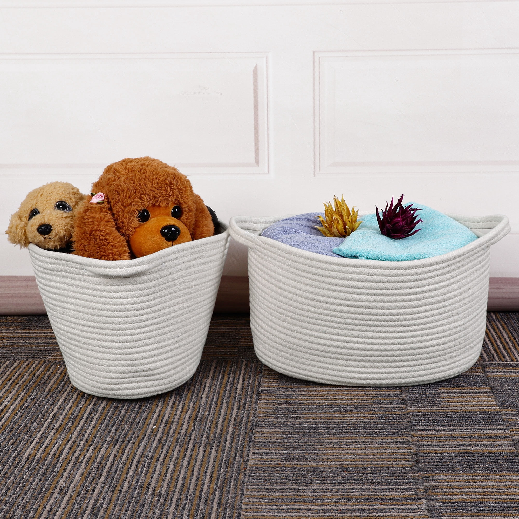Unique Bargains Storage Basket Cotton Rode Woven Container Handles 2 Pack White