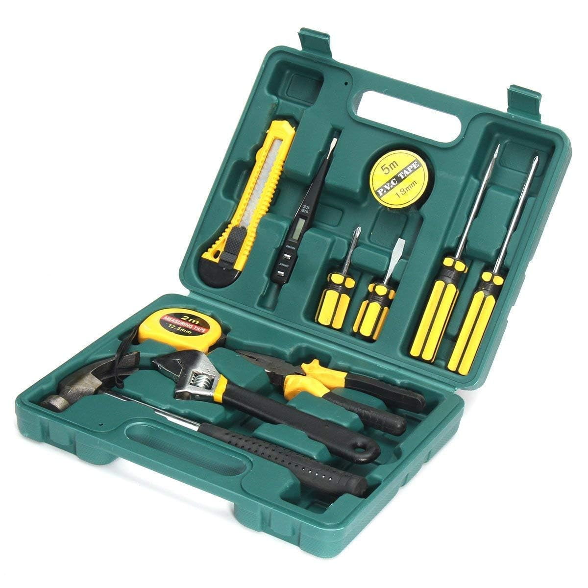 12 In 1 Tool Kit Household Hardware Hand Tool Set | Durable Multi-Functional Universal 12pcs Screwdriver, Hammer Set | Portable, Adjustable Wrench, Insulation Tape, Pliers | Plastic Box