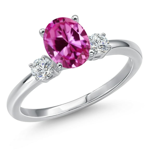 Gem Stone King 14K White Gold Pink Created Sapphire and White Lab Grown Diamond Engagement Ring for Women | 1.85 Cttw | Oval 8X6MM | Gemstone September Birthstone | Size 7