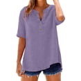 thumbnail image 3 of VJGBEGW Women Cotton Linen Tunic Tops Casual Half Sleeve 1/4 Button V Neck Shirts Loose Fit Summer Beach Vacation Blouse Dark Purple M, 3 of 9