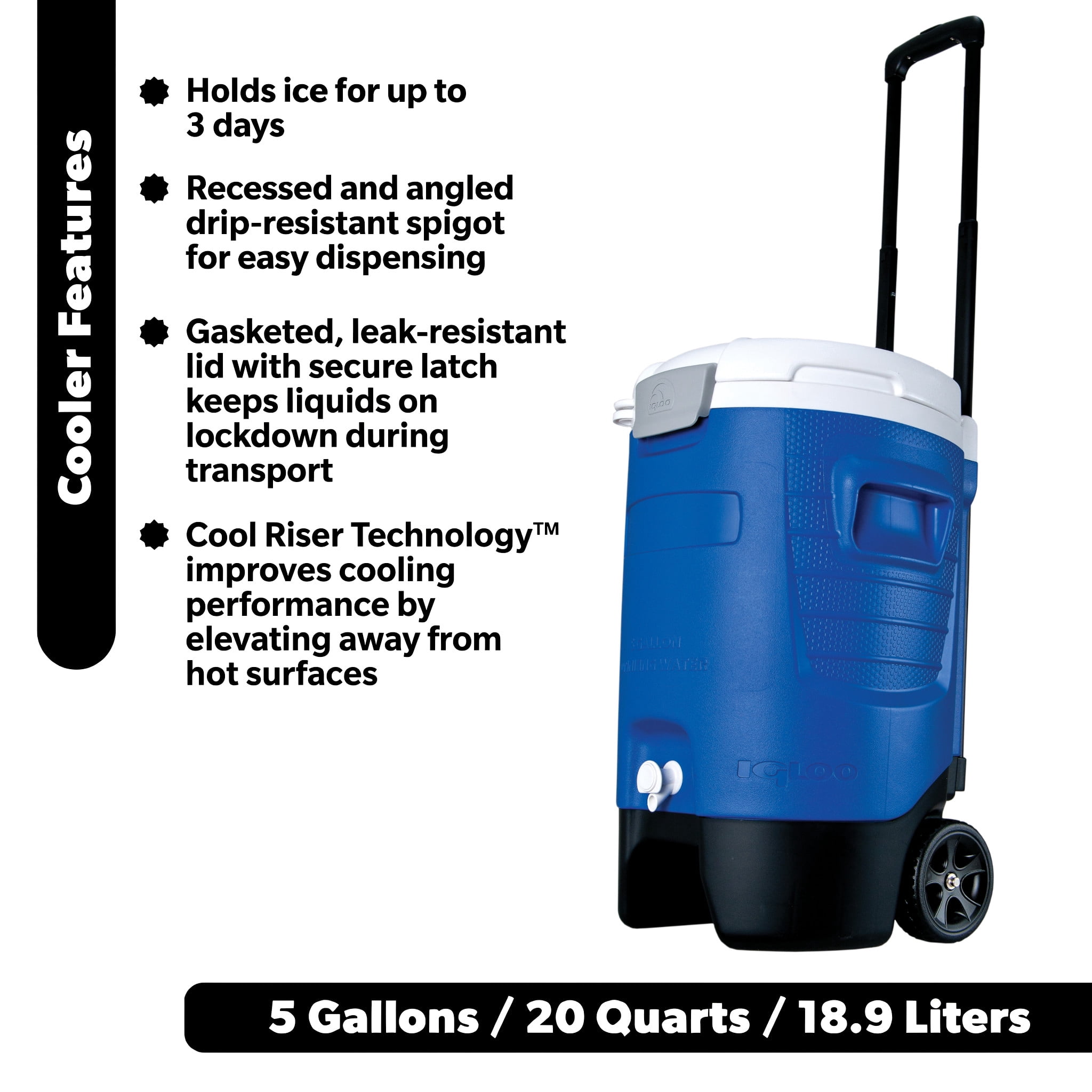 Igloo 5 gal Sports Rolling Water Cooler with Wheels, Blue