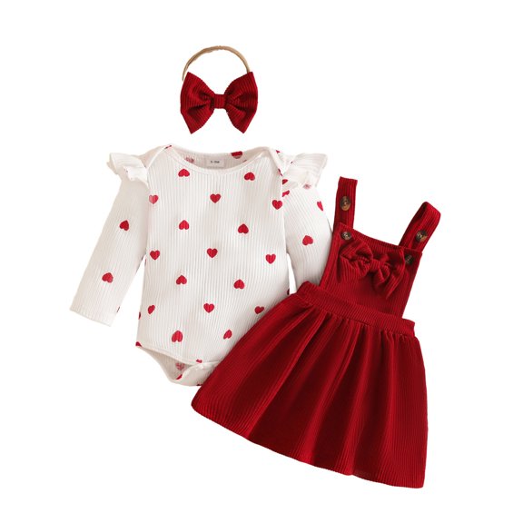 Ulitacool Outfits For Girls Crewneck Cartoon Pattern Long Sleeve T Shirts Suspender Skirts Handsome Newborn Playsuit 3-6 Months Red