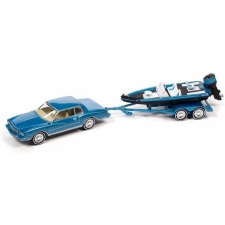 Johnny Lightning 1980 Monte Carlo Bright Blue Metallic with Blue Interior with Bass Boat and Trailer Limited Edition to 7264 Pieces Worldwide Tow & Go Series 1/64 Diecast Model Car