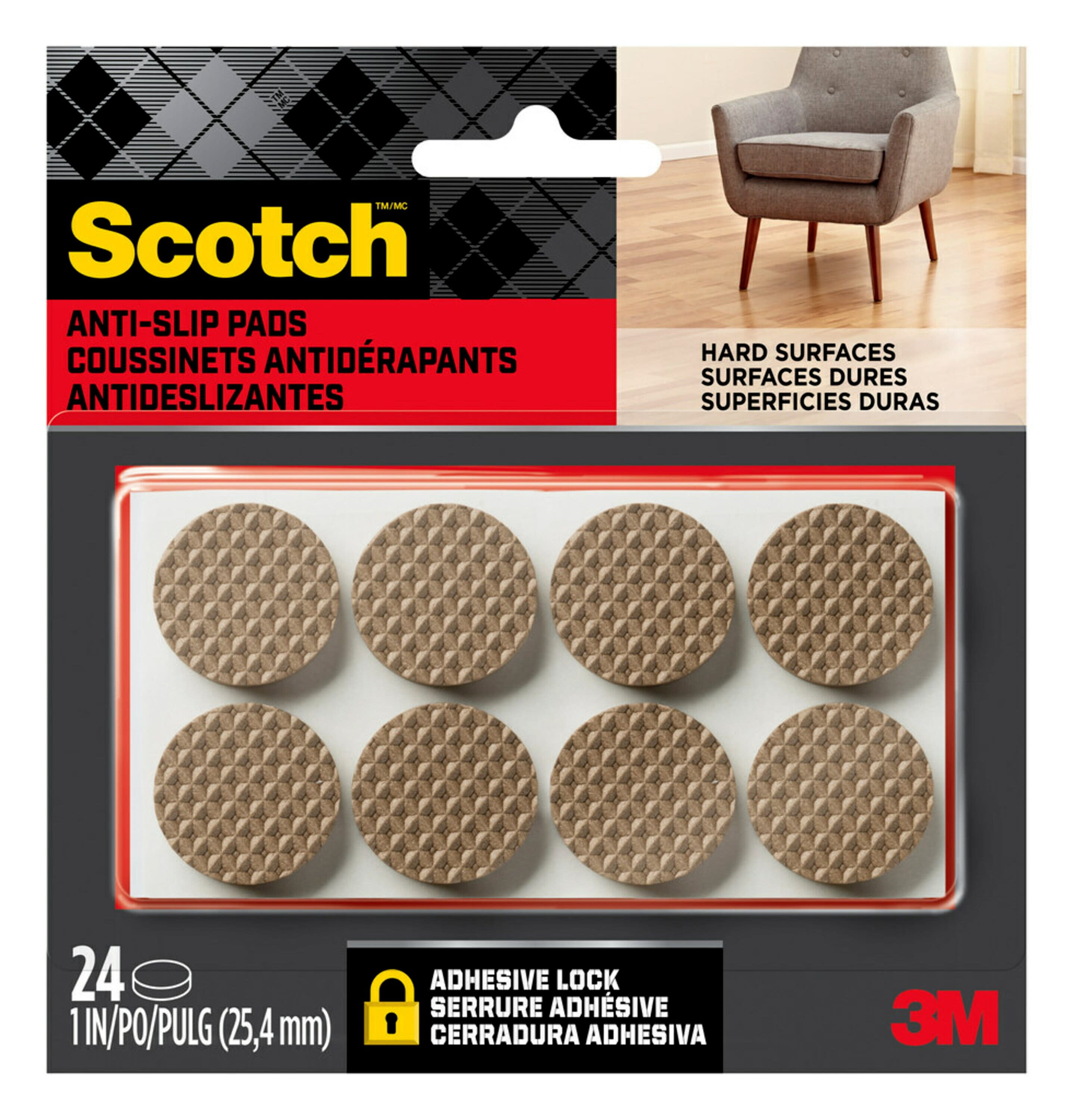 Scotch Gripping Pads, 1 in. Diameter, Brown, 24/Pack, Non-Slip Protection For Hard Surfaces