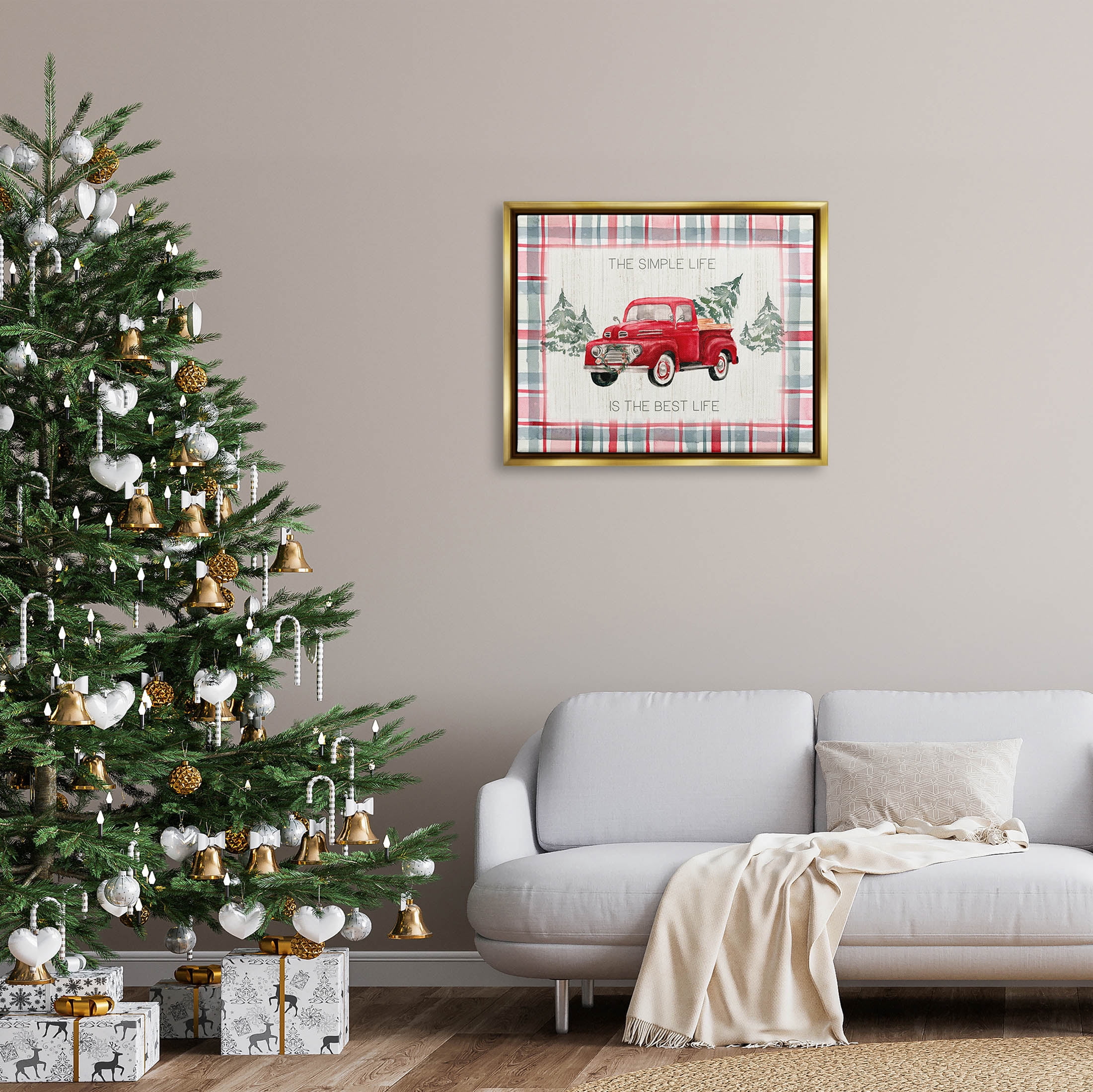 Stupell Industries Simple Life Is Best Plaid Truck Graphic Art Metallic Gold Floating Framed Canvas Print Wall Art, Design by Kristen Brockmon
