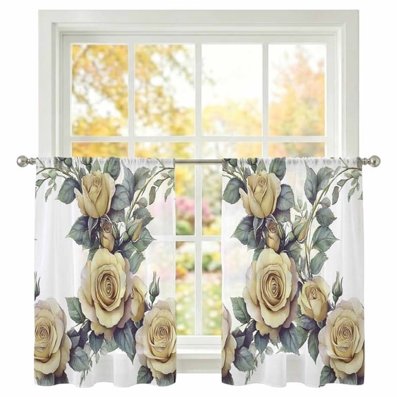 Yellow Rose Sheer Curtains 45 inches Long, Watercolor Wreath Light Filtering Sheer Window Curtains Rod Pocket Voile Drapes for Bedroom Living Room, 2 Panels