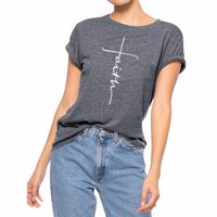 Femmes T-Shirt Col Rond Fille Courte Col Rond T-Shirt; Chemisier à Manches Courtes Lettre Tee Top, Gris, XXL