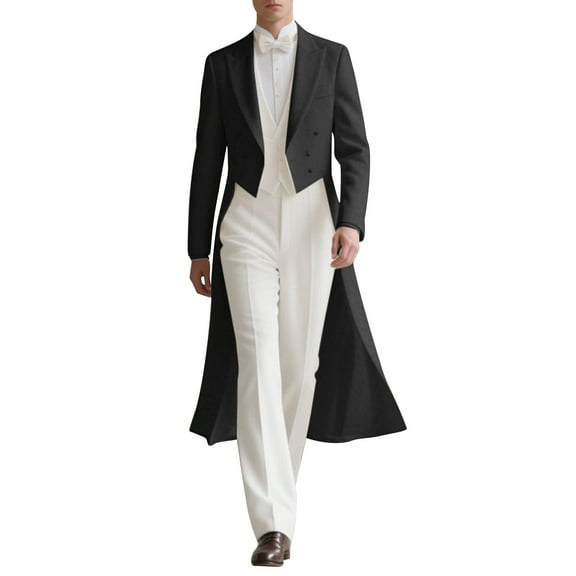 Mrmaere Men's Tailcoat Formal Long Coat Double-Breasted Elegant Outerwear for Wedding & Black L