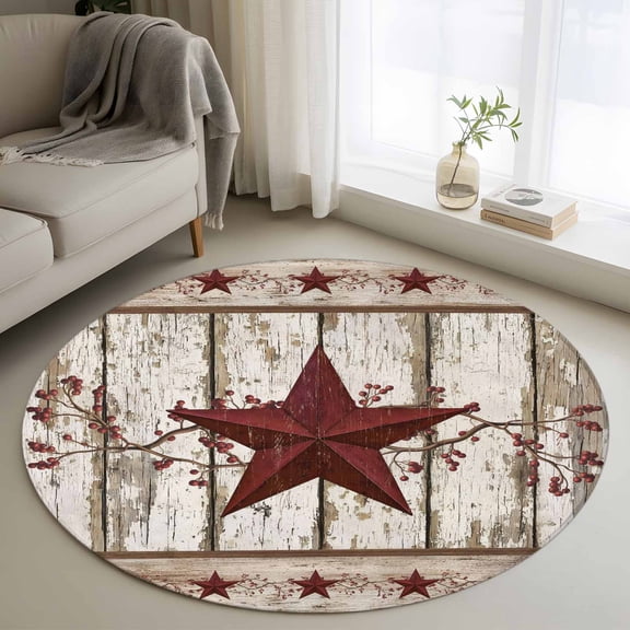 Round Area Rugs Collection 4 Ft, Red Texas Star Vintage Non-Slip Residential Carpet, Farmhouse Berry Grey Wooden Indoor Crawling Mats Runner Rugs for Living Room/Dining Room/Bedroom