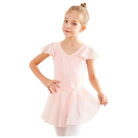 

Baby Girls Ballet Dress Summer V Neck Bow Flying Sleeve Leotard Dresses Solid Color Ruffle Flowy Dance Dress