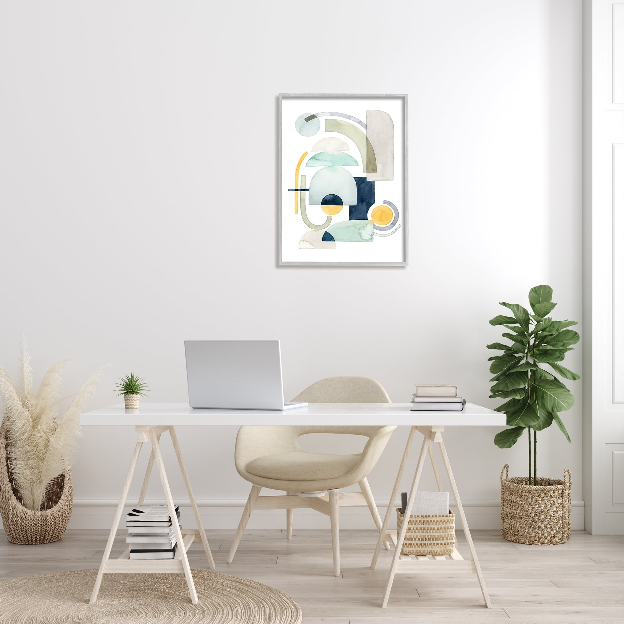 Stupell Industries Modern Industrial Shape Collage Abstract Green Blue Yellow Abstract Painting Gray Framed Art Print Wall Art, 24 x 30