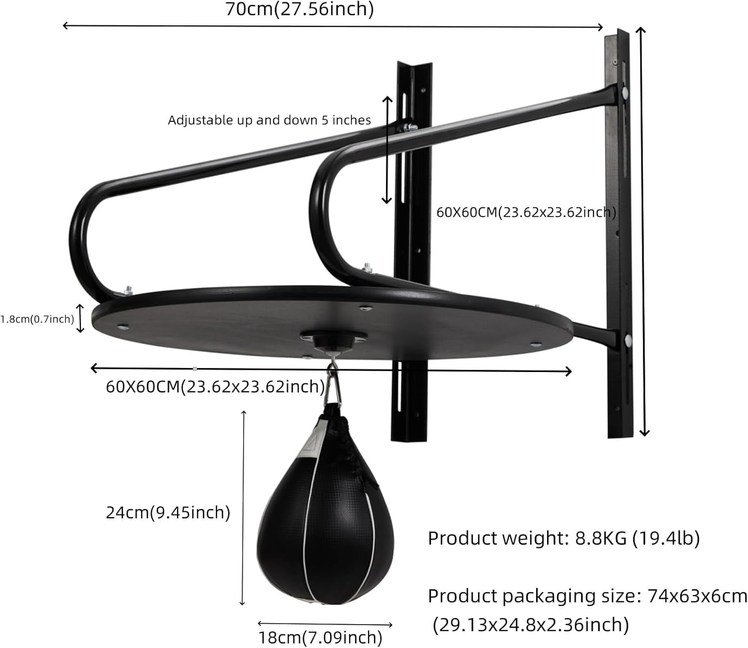 Speed Bag Platform Set, Heavy Duty Adjustable Speed Bag Platform Kit with Punching Ball, 360° Swivel Fitness Training Punching Bag, Adjustable Height Wall Mount for Boxing Training, Punching