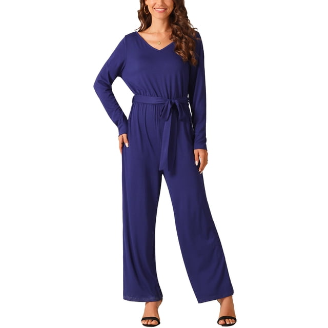 Mono de manga larga con cuello en V de INSPIRE CHIC para mujer con cinturón, cremallera en la parte posterior, elástico, pierna ancha y pantalón largo