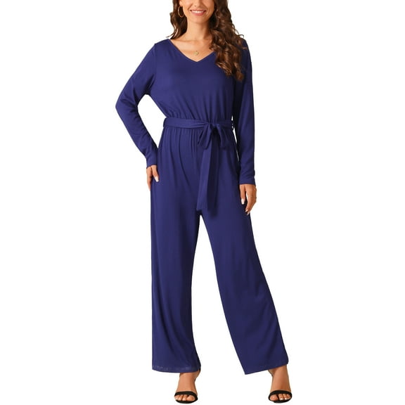 INSPIRE CHIC Women's Long Sleeve V Neck Jumpsuit Belted Back Zipper Stretchy Wide Leg Long Pant Romper