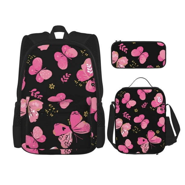 Disketp Girl Butterfly Mochila Estampada de Gran Capacidad con Lonchera y Estuche, Set de 3 Piezas para Estudiantes