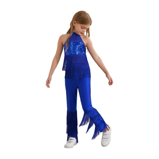 LiiYii Tenue de Danse Latine à Franges à Sequins pour Filles, Justaucorps de Salon, Danse Tango Rumba Bleu 10