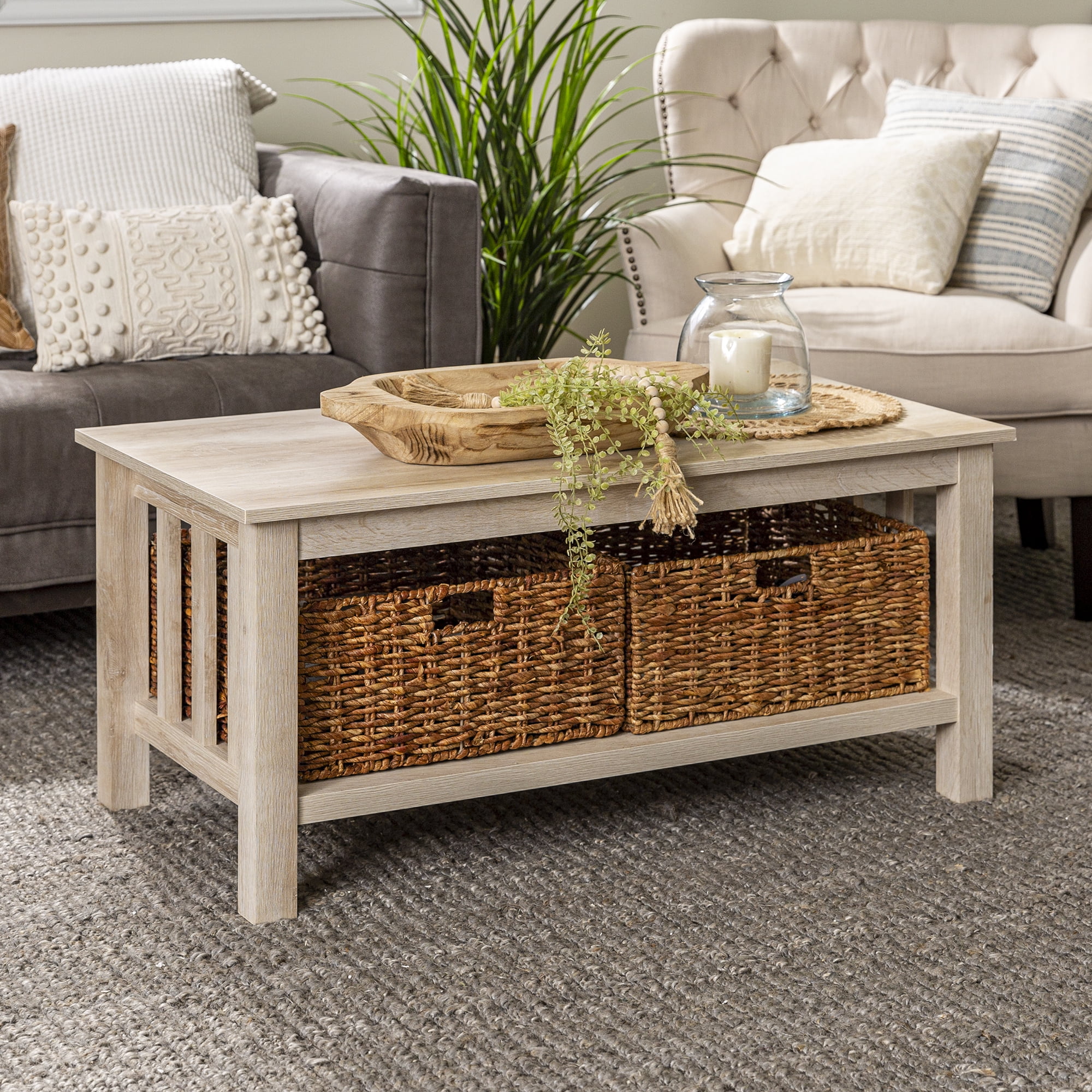 Woven Paths Traditional Storage Coffee Table with Bins, White Oak