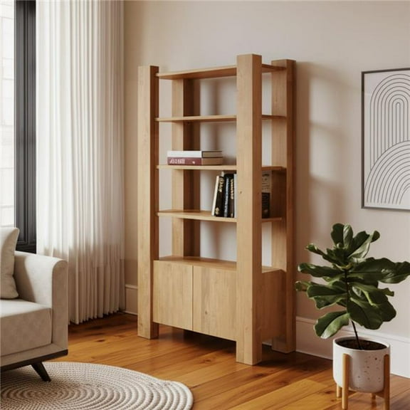 HomeRoots 611041 42 in. Natural Solid Wood Four Tier Bookcase with Two Doors