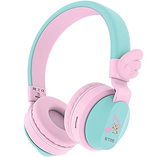 Audífonos para niños inalámbricos Riwbox BT05 con control de volumen limitado y micrófono/TF Card. Compatible con iPad/iPhone/Tablet. (Rosa y verde)