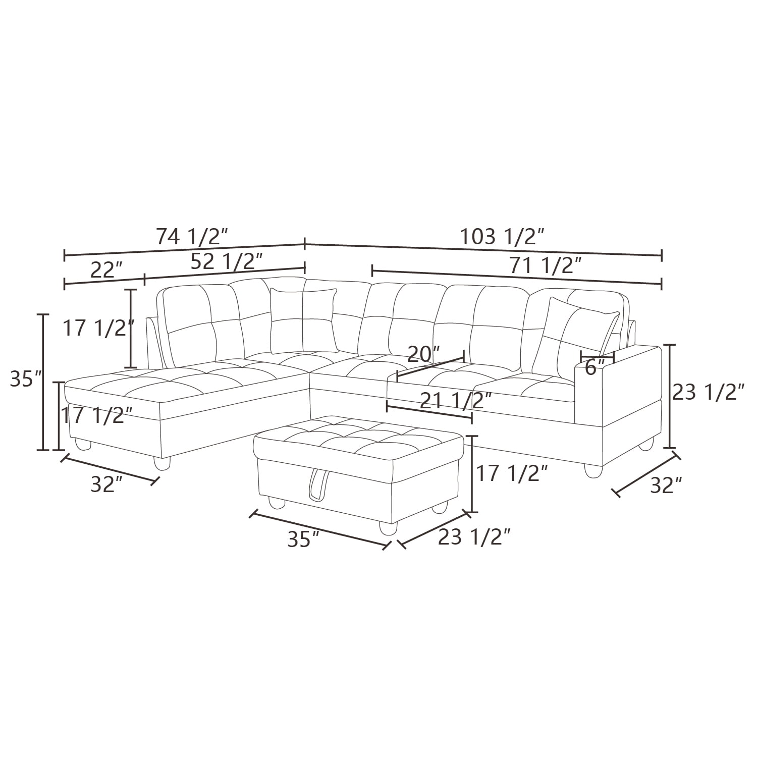 Hommoo 4-Seat Semi Semi PU Synthetic Leather Sectional Sofa Sets, L Shaped Sectional Couches and Sofas, Modern Living Room Furniture Sets, 17.5'' Back Height, White and Black(No Ottoman)