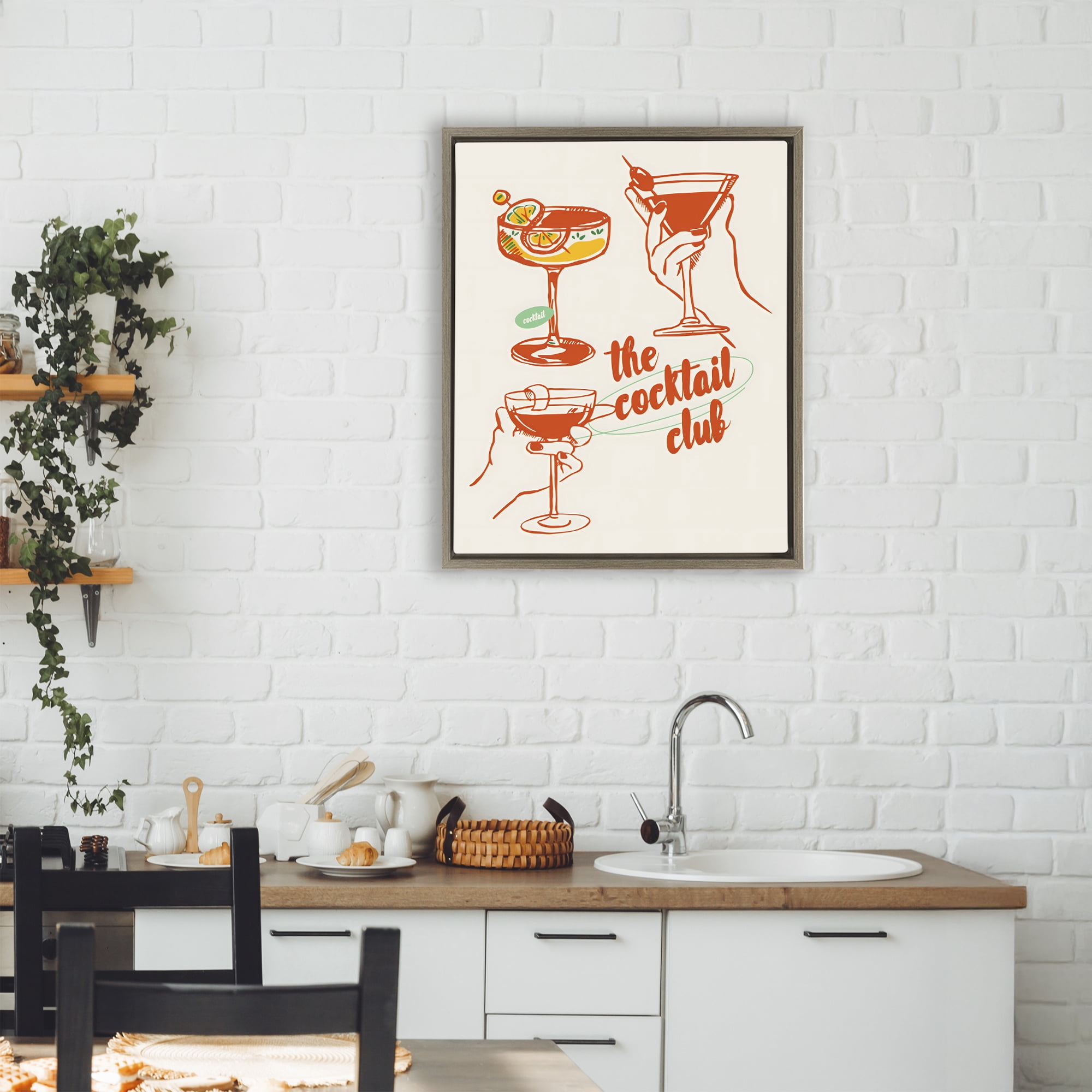 Stupell Industries Cocktail Club Toasting Glasses Brown Framed Floater Canvas Wall Art, design by The Prints Vibe