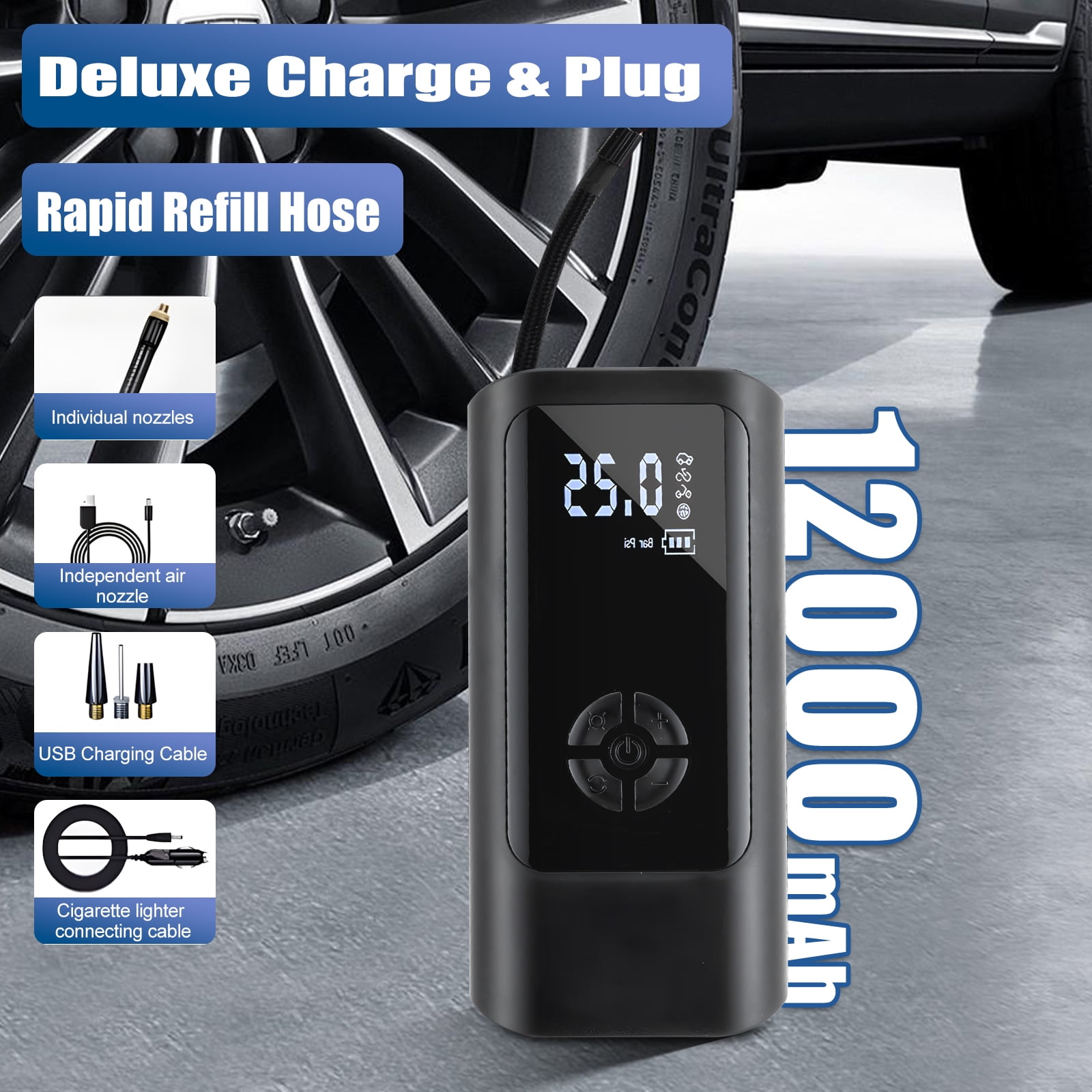 12000mAh Tire Air Compressor Pump For Car Tires with Digital Pressure Gauge, LED Light and Auto Shut-Off Function - Cordless Pump for Car, Motorcycle, Bicycle, Balls and More