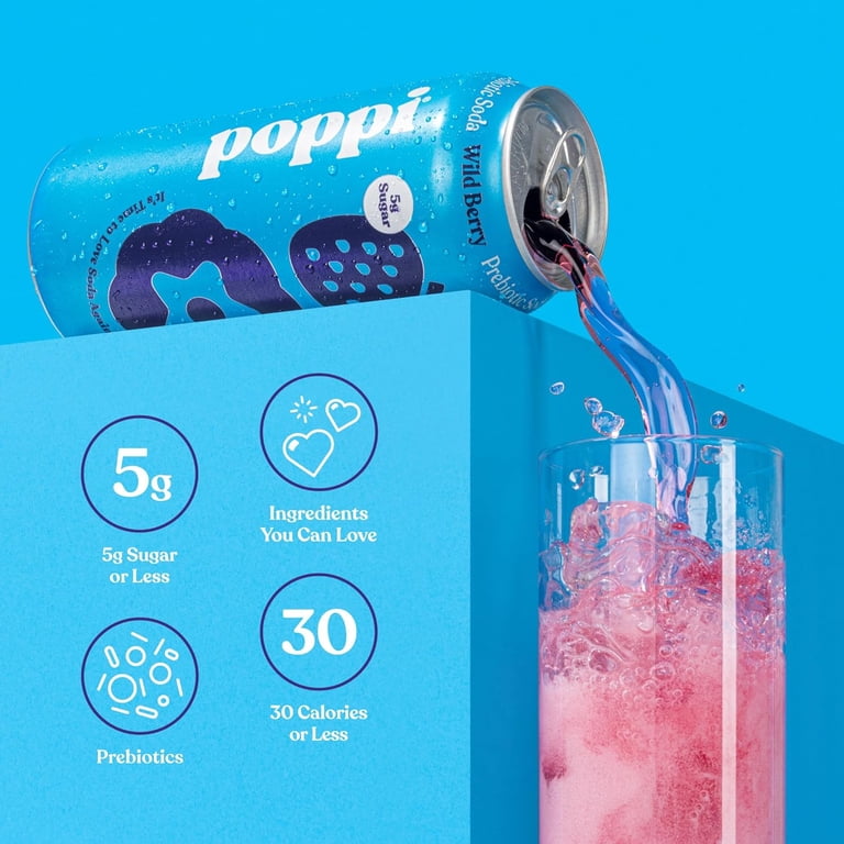 Poppi Prebiotic Soda Beverage Wild Berry Flavor, 16 oz, 12 Count