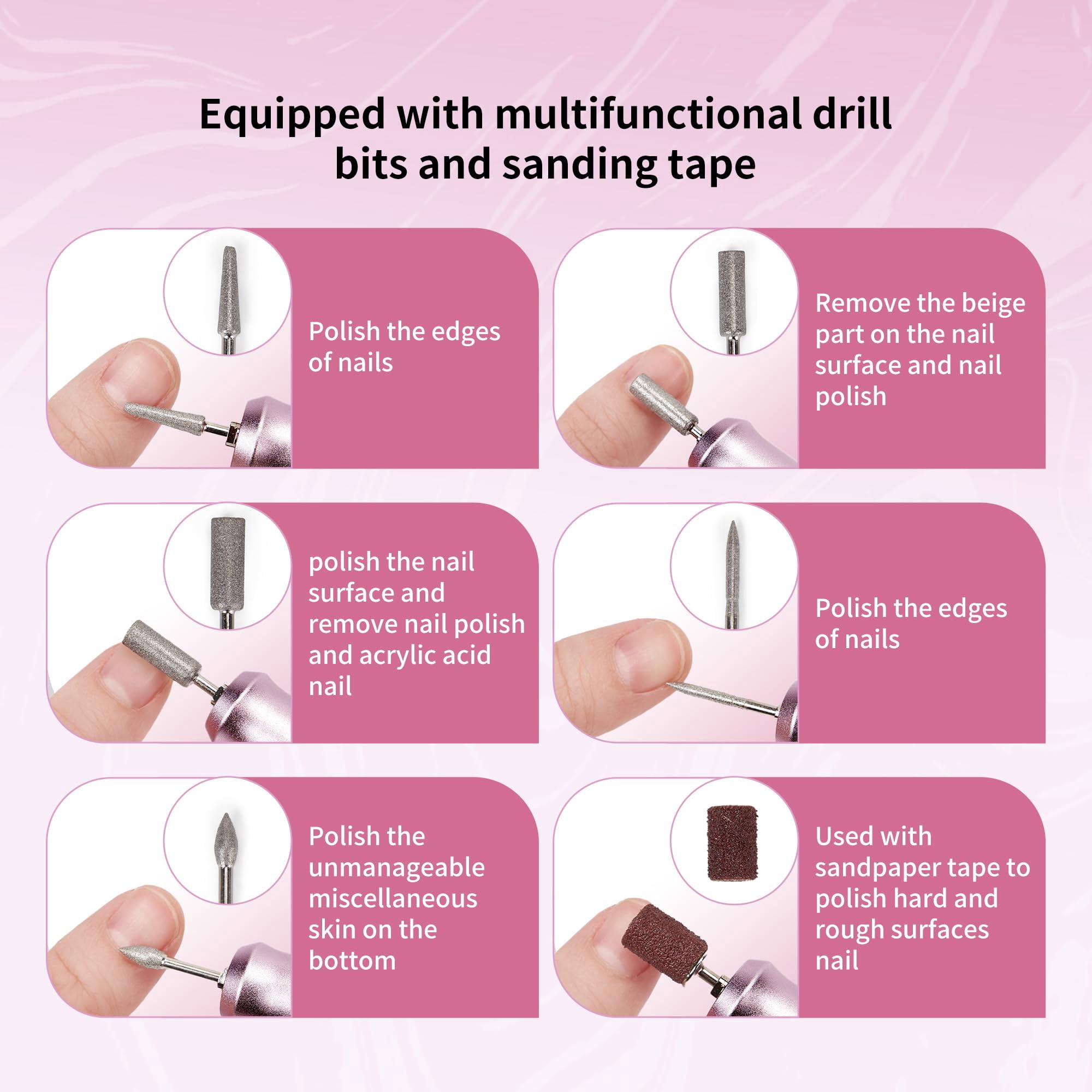 Professional Electric Nail Drill File,Cordless Portable Nail Drill 45000 RPM, Rechargeable Nail Drill Machine for Acrylic Nails Gel Polishing,Nail Kit for Manicure Salon Home(Pink)
