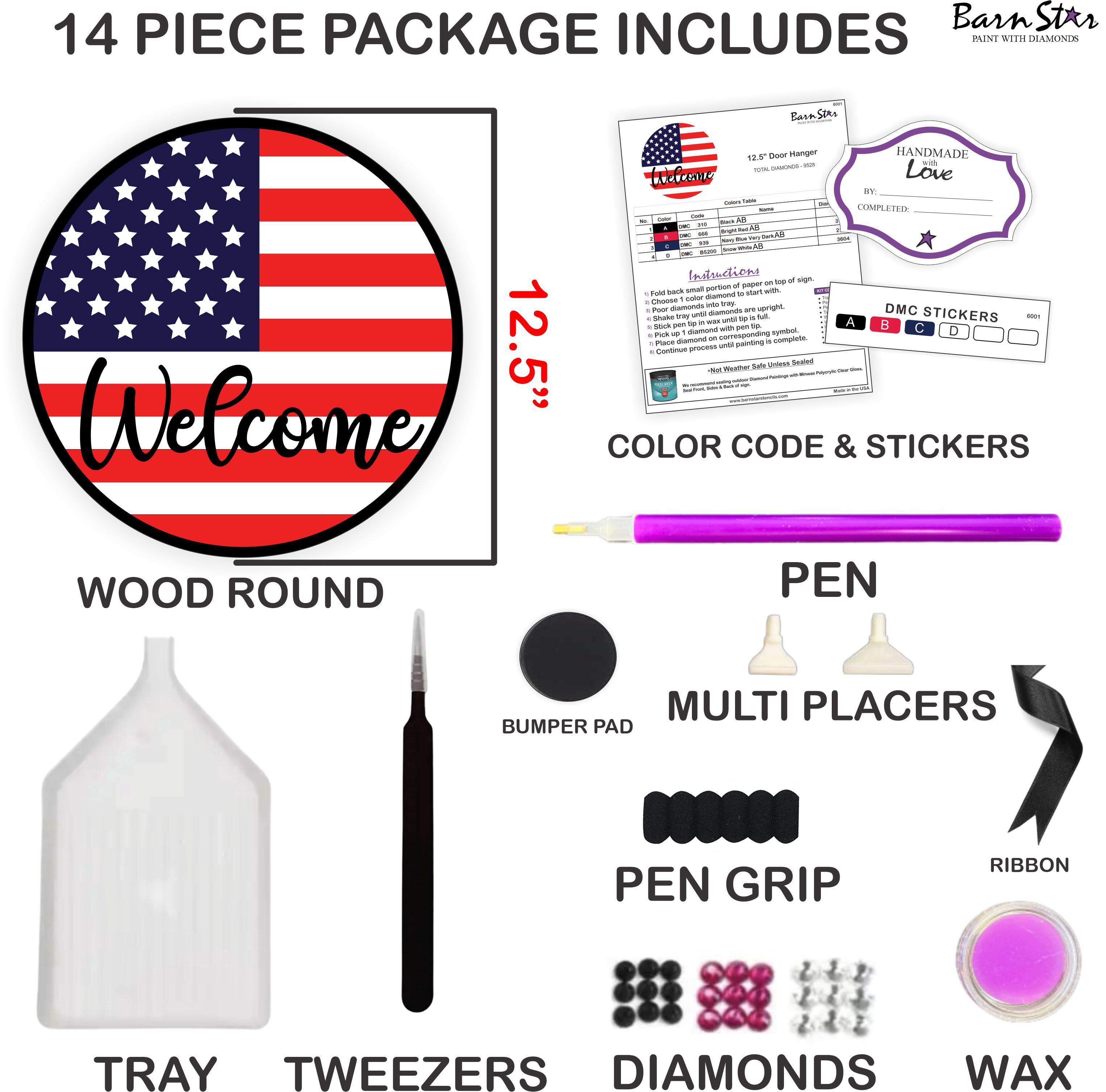 Diamond Painting Kit, Welcome US Flag Diamond Art Painting, 14 Piece Set, Round Wood Door Sign, 100% AB Drills