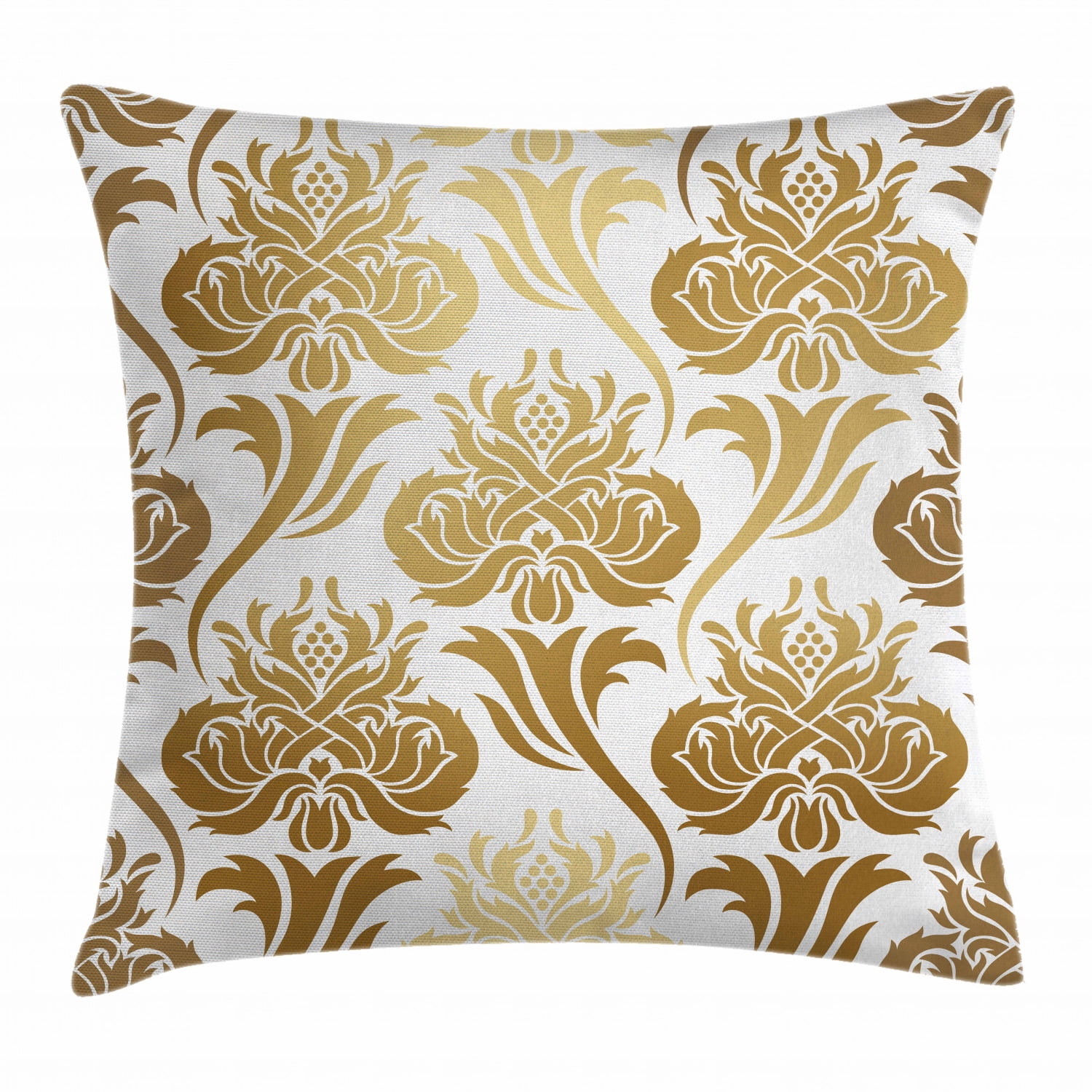 Gold and White Throw Pillow Cushion Cover, Damask Ombre Abstract Image with Floral Asian