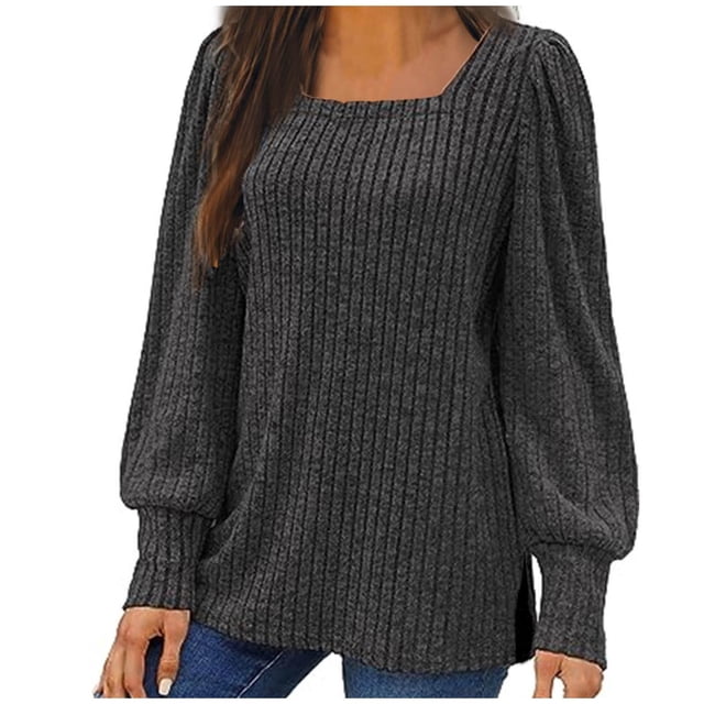 Penkiiy Chandails à Col Rond pour Femmes Manches Longues Chemises Coupe Ample Décontractée Automne 2025 Mode Léger Pull Tunique Hauts Tenues 3TG Noir