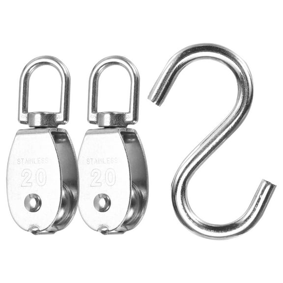 304 Stainless Steel Single Pulley Block Load 165lbs M20 with S Hook 2 Set