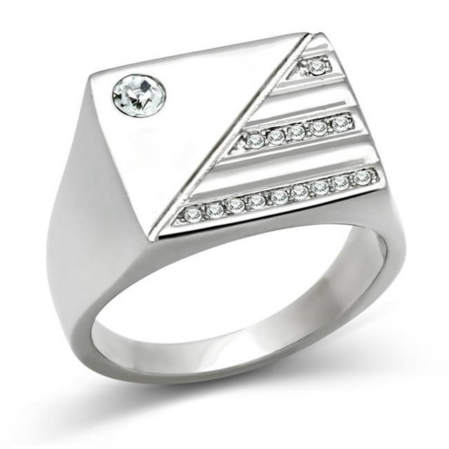 Men High Polished Stainless Steel Ring with Top Grade Crystal in Clear - Size 11