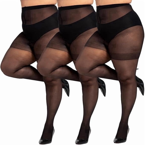 LADYFAN 3 Pairs Plus Size Women’s Sheer Tights 20D High Waist Control Top Pantyhose with Reinforced Toes