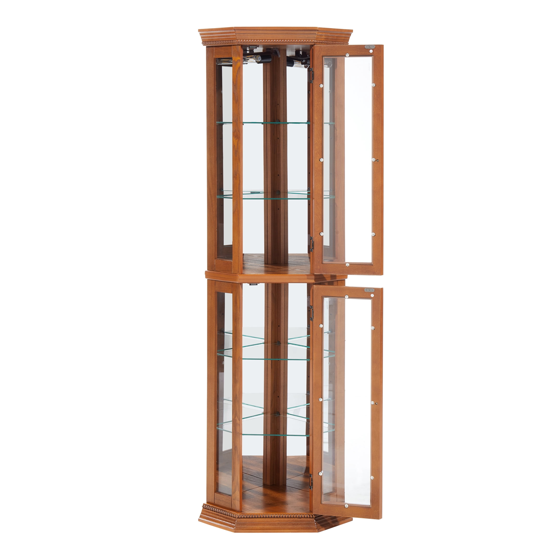 Aukfa Glass Storage Cabinet, Lighted Display Cabinet with Adjustable Shelves, Oak