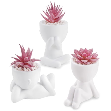 Miracliy  Artificial Pink Succulent Plants Fake Mini Succulents for Home Office Room Desk Women Gift in white human figure planters