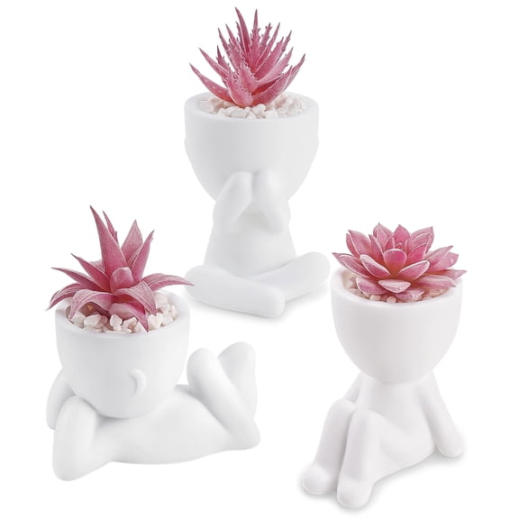 Miracliy  Artificial Pink Succulent Plants Fake Mini Succulents for Home Office Room Desk Women Gift in white human figure planters