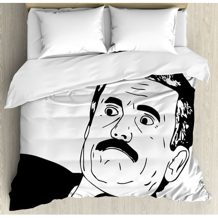 Humor Decor Queen Size Duvet Cover Set, Reaction Guy Human Rage Comics Man with Moustache in Suits Gesture Artwork, Decorative 3 Piece Bedding Set with 2 Pillow Shams, Black White, by Ambesonne