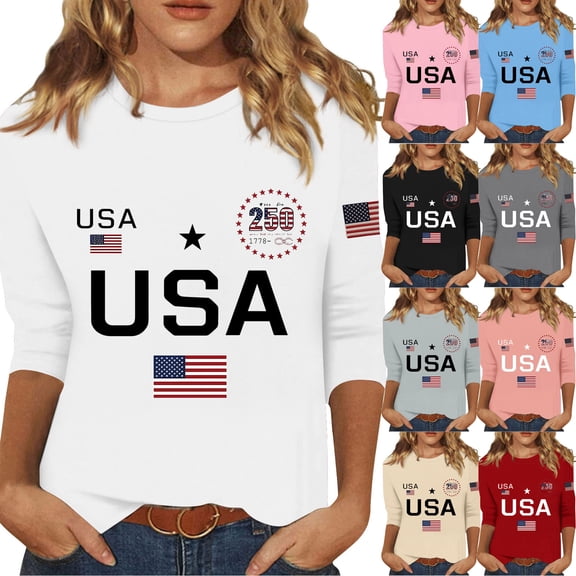 Youpwaven 250th Anniversary USA 3/4 Sleeve Crewneck Flag Graphic Tee Pullover for Women, America 250 Semiquincentennial Independence Day Patriotic Celebration Fashion Outfit