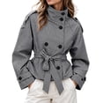 thumbnail image 6 of DPTALR Women's Gingham Stand Collar Double Breasted Belted Short Jacket Coat with Pockets,Size S-2XL, 6 of 9
