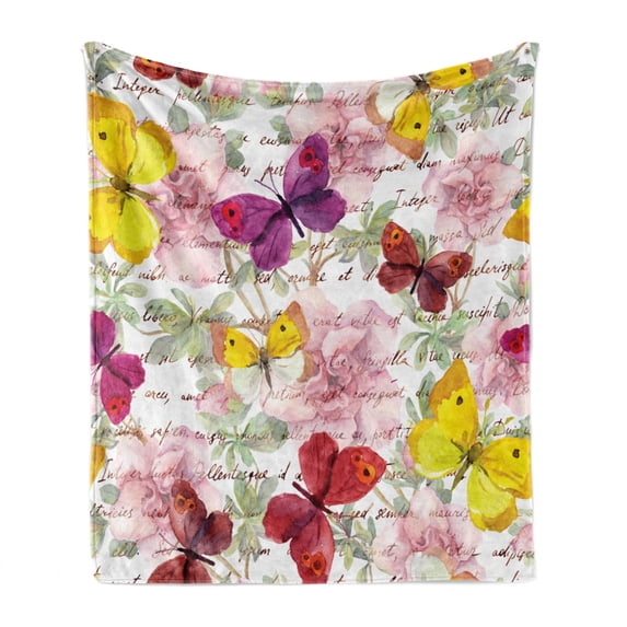 Butterflies Soft Flannel Fleece Throw Blanket, Flowers and Text Camellia Love Letters Romantic Calligraphy Classics Antique, Cozy Plush for Indoor and Outdoor Use, 60" x 80", Multicolor, by Ambesonne