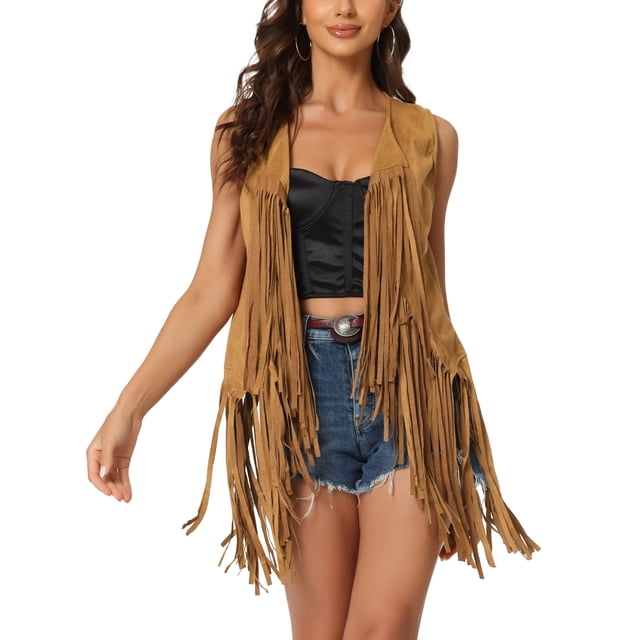 INSPIRE CHIC Gilet pour Femme Décontracté en Faux Suède Sans Manches Ouvert à l'Avant Cardigan à Franges Gilet m Brun