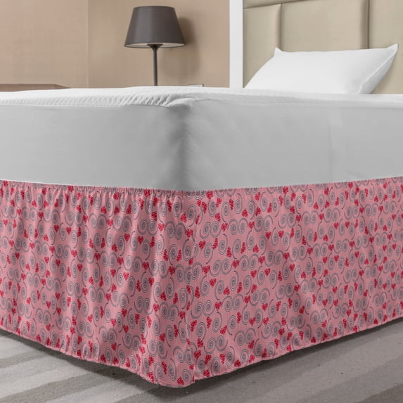 Valentine`s Day Bed Skirt, Abstract Composition on a Striped Backdrop Hearts and Swirls, Elastic Bedskirt Dust Ruffle Wrap Around for Bedding Decor, 4 Sizes, Coral Peach and Scarlet, by Ambesonne