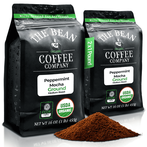 The Bean Organic Coffee Company Peppermint Mocha, Medium Roast, Ground Coffee, 16-Ounce Bags (Pack of 2)