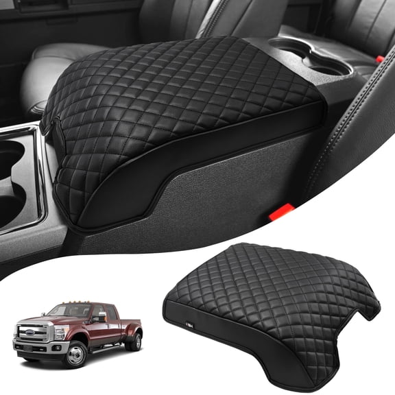 KBH Center Console Cover for 2011-2016 Ford F250 Super Duty, Black Leather Armrest Lid Cushion Pad for F350 F450 F550 Accessories