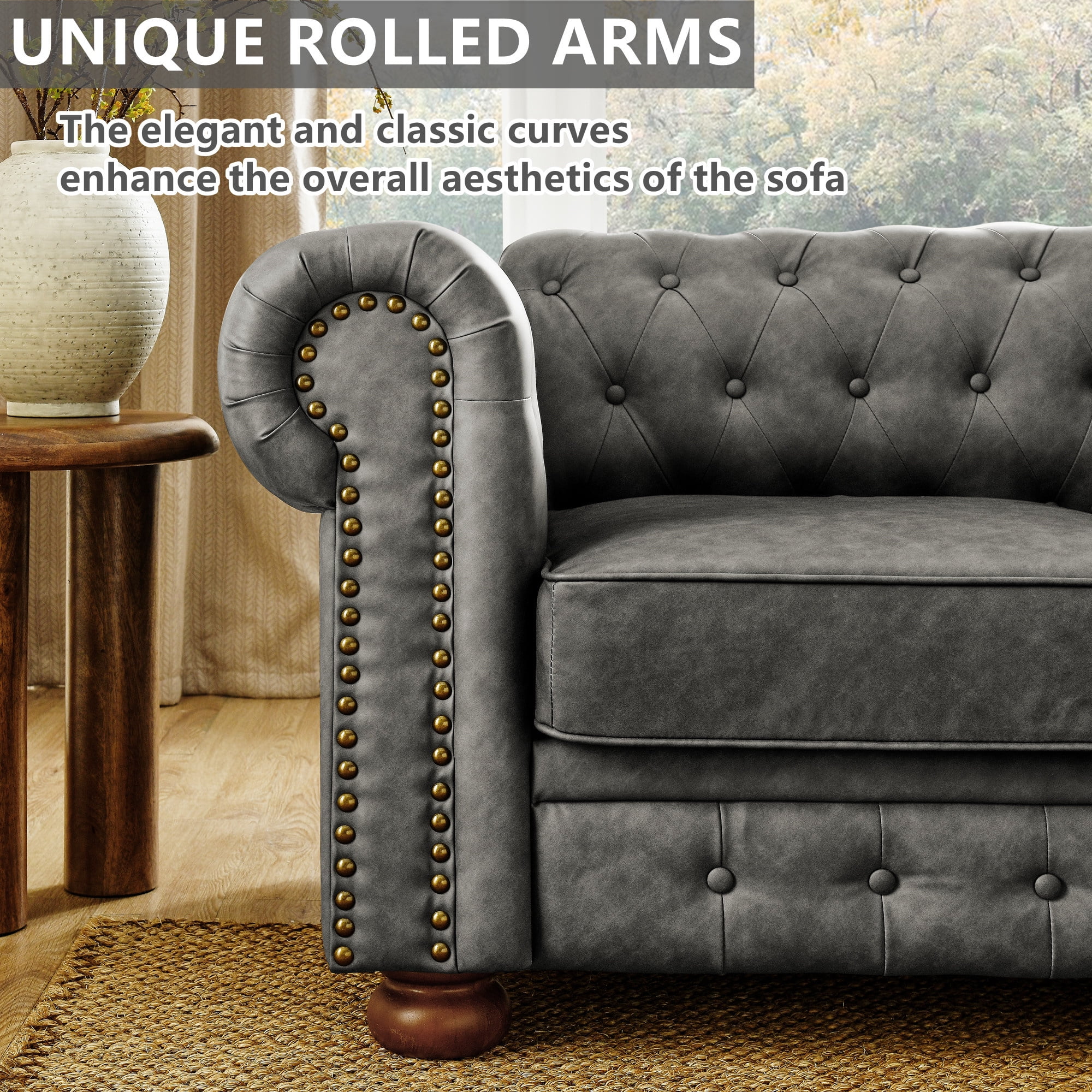 Aukfa 89" Chesterfield Sofa Deep Seat 3-Seater Leather Couch with Tufted Button for Living Room, Rolled Arms, Gray