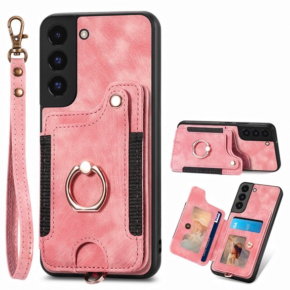 Allytech Galaxy S22 Plus Case Wallet, RFID Blocking Multiple Cards Slots Ring Holder Stand Shockproof Protective Hand Wrist Wallet Case Cover for Samsung Galaxy S22 Plus - Pink