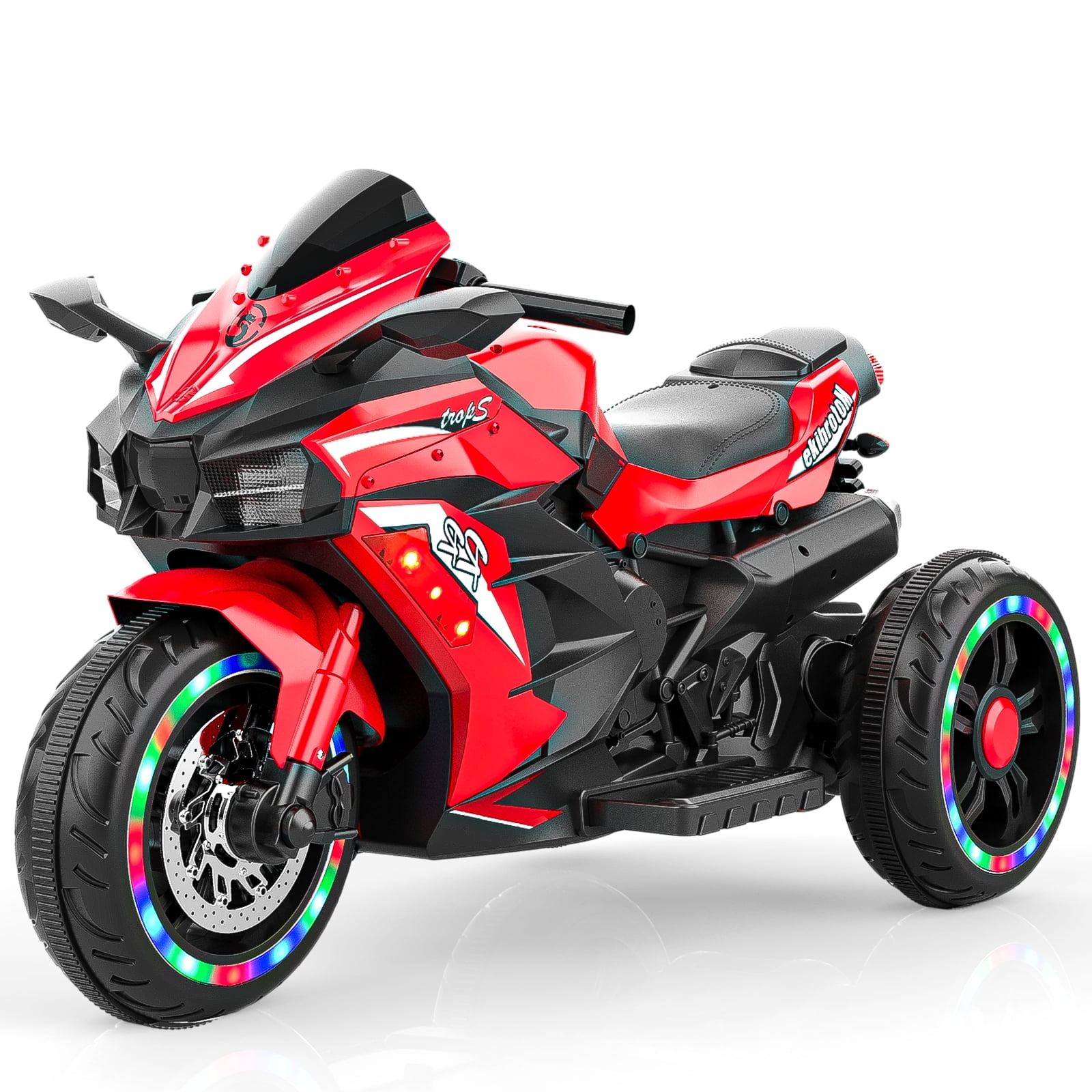 Techvida 12V Kids Ride on Motorcycle, Electric Trike Motorcycle for Boys Girls, LED Lights, Foot Pedal, Kids On Motorcycle for Boys Girls (Red)
